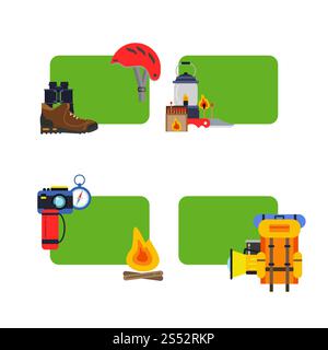 Vector set of stickers with place for text with flat style camping elements illustration. Vector set of stickers camping elements Stock Vector
