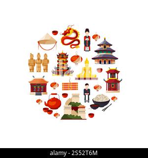 Vector flat style china elements and sights gathered in circle illustration. China culture and landmark sight collection. Vector flat style china elements and sights gathered in circle illustration Stock Vector