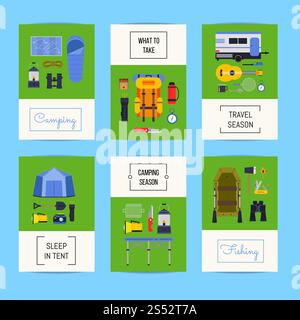 Vector set of six cards with place for text with flat style camping elements illustration. Vector set of cards with flat style camping elements Stock Vector