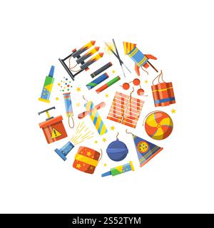 Vector cartoon pyrotechnics gathered in circle illustration. Celebration and cartoon firework, pyrotechnics explosion, festive carnival. Vector cartoon pyrotechnics gathered in circle illustration Stock Vector