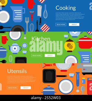 Vector flat style kitchen utensils horizontal web banners and poster illustration. Vector flat style kitchen utensils horizontal web banners illustration Stock Vector