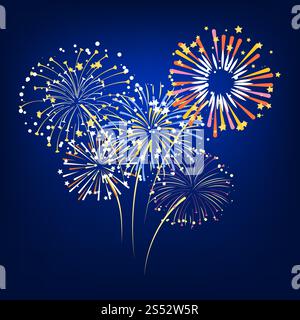 Vector bunch of colorful fireworks exploding on gradient background ilustration. Vector of colorful fireworks exploding Stock Vector