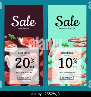 Vector cartoon meat elements vertical sale web banners of set illustration. Vector cartoon meat elements sale banners illustration Stock Vector