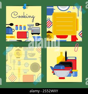 Vector cute notes set with flat style kitchen utensils illustration. Vector set with kitchen utensils Stock Vector