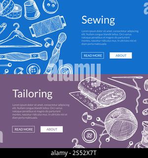 Vector hand drawn sewing elements horizontal web banners illustration. Vector hand drawn sewing elements banners illustration Stock Vector