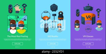 Vector horizontal slideshow template for tablet or website with flat style virtual reality elements. Device technology vr, smart software video gaming illustration. Vector horizontal slideshow template for tablet or website with flat style virtual reality elements Stock Vector