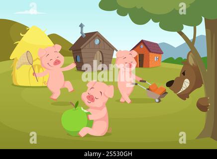 Three little pigs near their small houses and scary wolf. Three pigs and house, fairytale story. Vector illustration. Three little pigs near their small houses and scary wolf Stock Vector