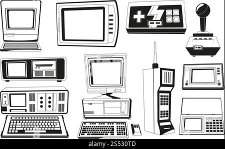 Monochrome illustrations of technician gadgets. Retro and vintage gadget, phone and radio electronic vector. Monochrome illustrations of technician gadgets Stock Vector