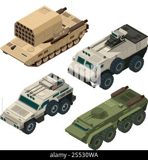 Isometric pictures of army heavy vehicles. Vector pictures set army vehicle, military transport illustration. Isometric pictures of army heavy vehicles. Vector pictures set Stock Vector