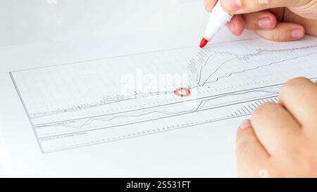 Closeup photo of businessman marking important points of financial activity graph. Closeup image of businessman marking important points of financial Stock Photo