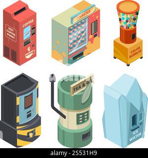 Food machine for drinks, coffee and snack in packages. Vector isometric pictures. Vending automatic machine, drink soda and coffee illustration. Food machine for drinks, coffee and snack in packages. Vector isometric pictures Stock Vector