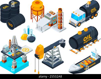 Oil and gas petroleum refining. Isometric pictures set of transportation fuel, gasoline extraction pump, vector illustration. Oil and gas petroleum refining. Isometric pictures set Stock Vector