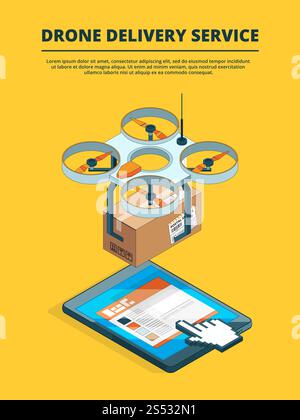Concept picture of drone logistic service. Transportation delivery cargo box use quadrocopter. Vector illustration. Concept picture of drone logistic service Stock Vector