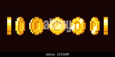 Gold coin animation frames for 16 bit retro video game. Pixel art vector set. Illustration of money vintage cash 8bit. Gold coin animation frames for 16 bit retro video game. Pixel art vector set Stock Vector