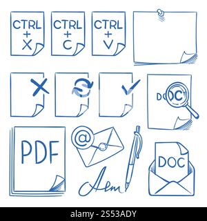 Doodle office paper vector icons with function symbols update, paste, cut, copy, send, delete and edit vector hand drawn set isolated. Illustration of move file with ctrl buttons. Doodle office paper vector icons with function symbols update, paste, cut, copy, send, delete and edit vector hand drawn set isolated Stock Vector