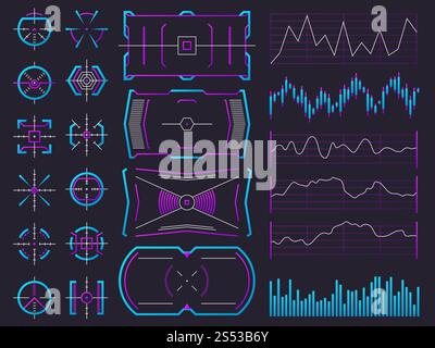 Futuristic ui design hologram screens. Chart, graph, interface frames and warning regulators. Future science hud interfaces vector set. Illustration of digital futuristic, dashboard display virtual. Futuristic ui design hologram screens. Chart, graph, interface frames and warning regulators. Future science hud interfaces vector set Stock Vector