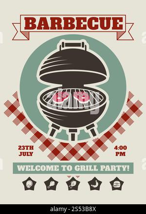 Retro barbecue party restaurant invitation template. BBQ cookout vector poster with classic charcoal grill. Cooking summer outdoor banner, cook weekend flyer cookout illustration. Retro barbecue party restaurant invitation template. BBQ cookout vector poster with classic charcoal grill Stock Vector
