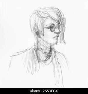 sketch of portrait of teenager in glasses with long strand of hair hand-drawn by black pencil on white paper Stock Photo