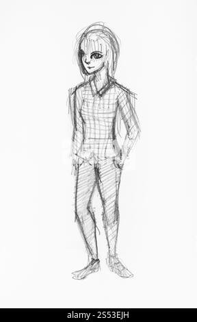 sketch of happy teenager with long hair in plaid shirt and tight pants hand-drawn by black pencil on white paper Stock Photo