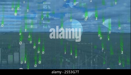Image of financial data processing and binary coding over landscape Stock Photo