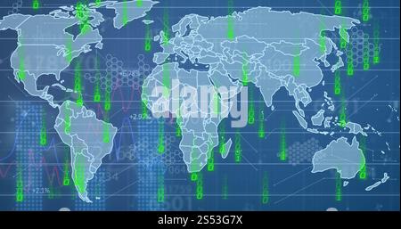 Image of financial data processing with binary coding over world map Stock Photo
