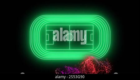 Image of network of pink and purple particles over green neon football stadium on black Stock Photo