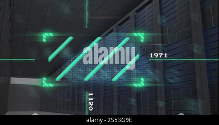 Image of data processing and analysis over server racks in data center Stock Photo