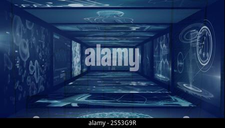 Image of scientific and medical data processing in room of giant interface screens Stock Photo