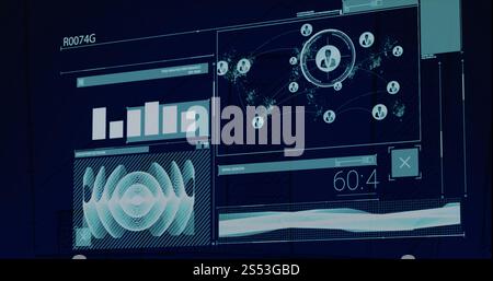 Image of scanner processing network of people icons, charts and data on interface screen Stock Photo