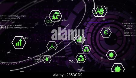 Image of eco icons, digital data processing over scope scanning Stock Photo