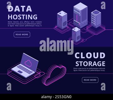 Personal data protection, hosting solutions, computer synchronization, data networking vector banners set with isometric computers. Server database cloud, service protection web info illustration. Personal data protection, hosting solutions, computer synchronization, data networking vector banners set with isometric computers Stock Vector