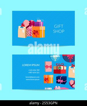 Vector gift service, shop business card template with gift boxes or packages. Illustration of gift service shop card with colored gifts box for birthd Stock Photo