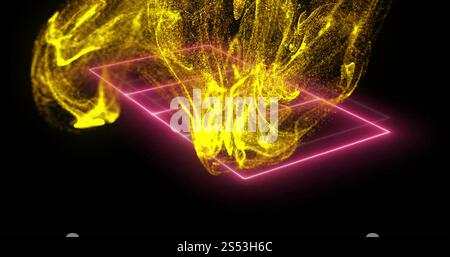 Image of red and purple particle network over pink neon basketball court on black background Stock Photo