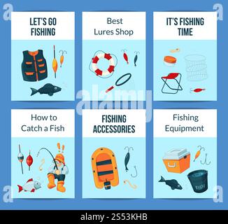Vector card or flyer templates set with cartoon fishing equipment with place for text illustration. Vector card or flyer set with cartoon fishing equipment Stock Vector