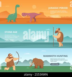 Horizontal banners set with illustrations of primitive prehistoric period peoples and different dinosaurs. Vector dinosaur in jurassic period banner. Horizontal banners set with illustrations of primitive prehistoric period peoples and different dinosaurs Stock Vector