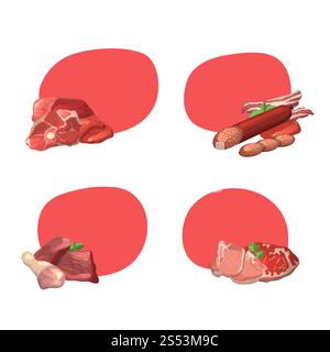 Vector set of stickers with place for text with cartoon meat elements illustration. Vector set of stickers with cartoon meat elements Stock Vector