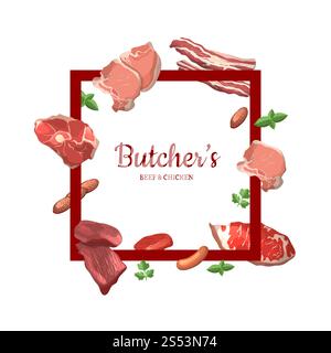 Vector cartoon meat elements frame with flying around it with place for text in center illustration. Vector cartoon meat elements with place for text in center illustration Stock Vector