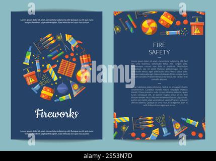 Vector cartoon pyrotechnics card, flyer or brochure template for firework entertainment company or party illustration. Vector cartoon pyrotechnics card Stock Vector
