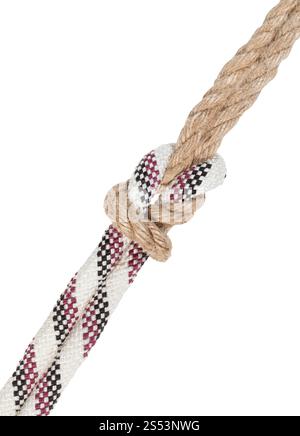 surgeons knot joining different ropes isolated on white background Stock Photo