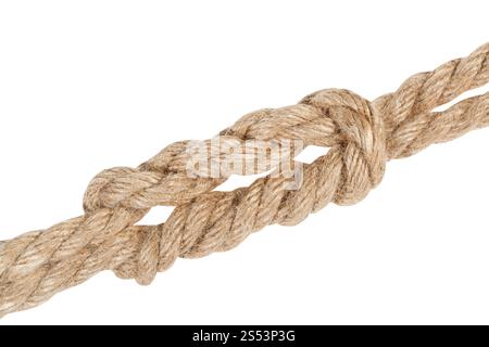 academic knot, variation of surgeons knot, double reef knot joining two ropes close up isolated on white background Stock Photo