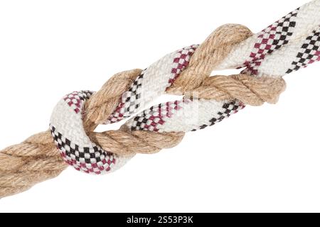 academic surgeons knot, double reef knot joining two ropes close up isolated on white background Stock Photo