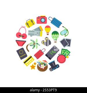 Vector flat travel elements gathered in circle illustration isolated on white. Vector flat travel elements in circle illustration Stock Vector