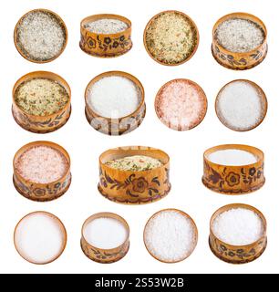 collection from wooden salt cellar with various salts isolated on white background Stock Photo