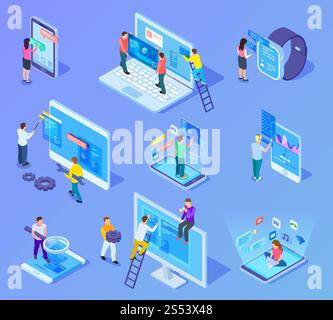 People and app interfaces isometric concept. Users and developers work with mobile phone and computer ui. 3d vector icons set. People development tech Stock Photo