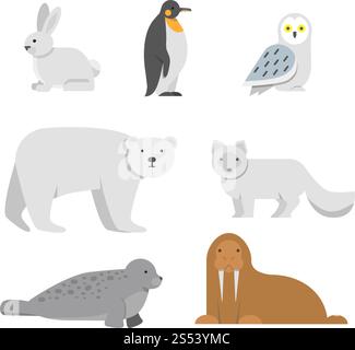 Vector illustrations of arctic snow animals. Arctic bear and penguin, north walrus and owl. Vector illustrations of arctic snow animals Stock Vector