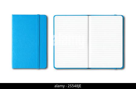 Cyan blue closed and open lined notebooks mockup isolated on white. Cyan blue closed and open lined notebooks isolated on white Stock Photo