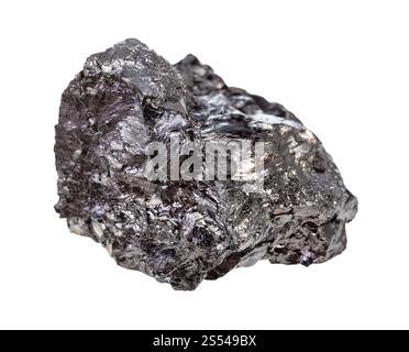 closeup of sample of natural mineral from geological collection - Bituminous coal (black coal) rock isolated on white background. Bituminous coal Stock Photo