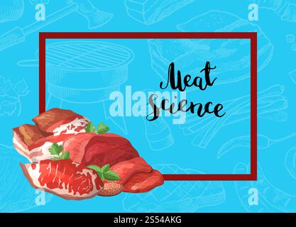 Vector cartoon meat elements rectangle frame with pile of in the corner with place for text background illustration. Vector cartoon meat elements background illustration Stock Vector