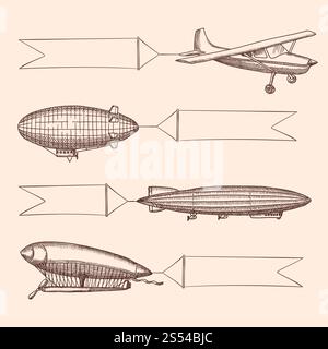 Vector set of steampunk hand drawn vintage dirigibles and air baloons with hanging wide ribbons for text. Airplane transport with banner, aircraft dirigible or zeppelin illustration. Vector set of steampunk hand drawn vintage dirigibles and airplane with hanging wide ribbons for text Stock Vector