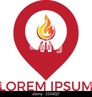 Bonfire and map pointer logo combination. Bonfire and gps locator symbol or icon. Unique torch and pin logotype design template. Stock Vector